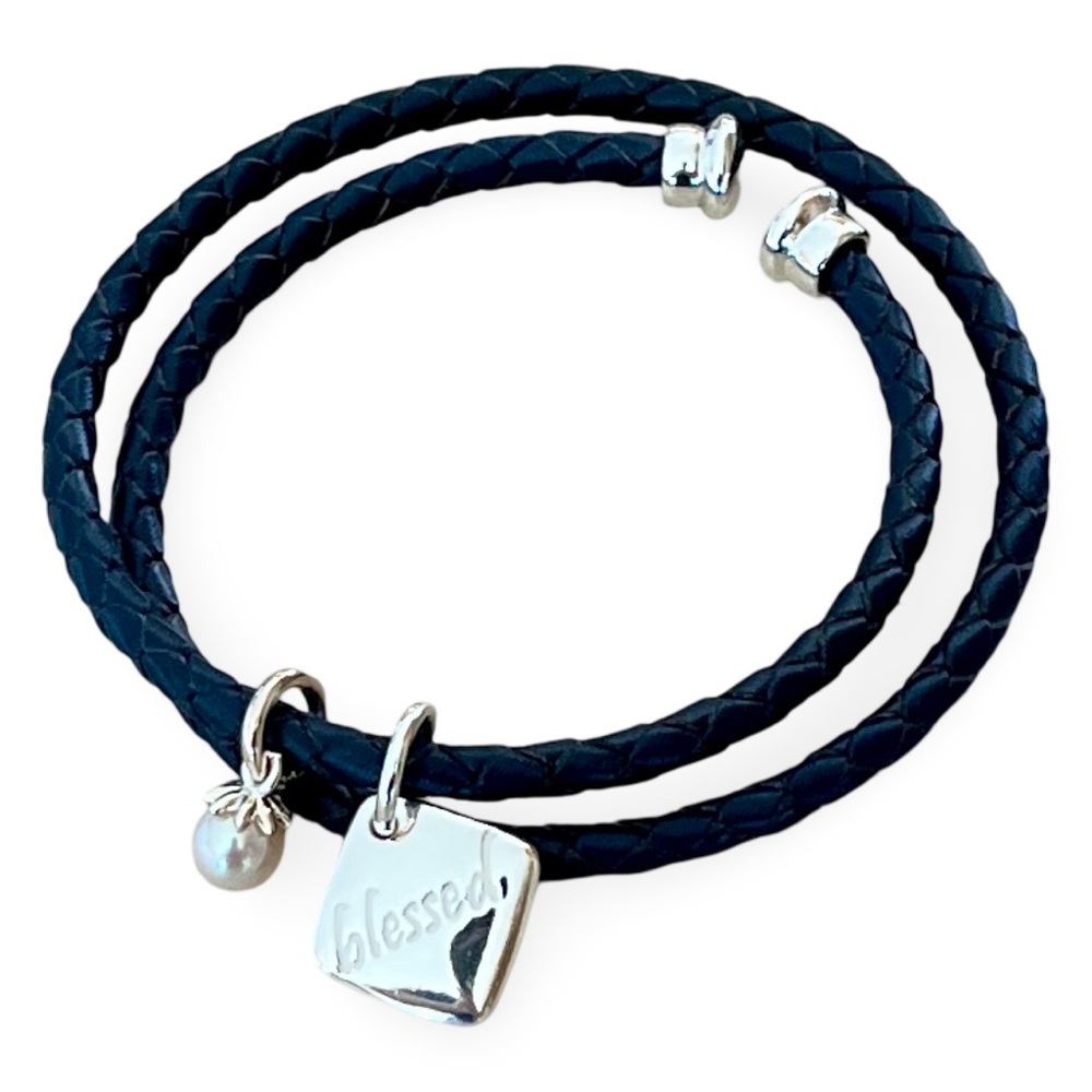 Vantel Pearls “Blessed” Black Leather Bracelet with Silver Charms